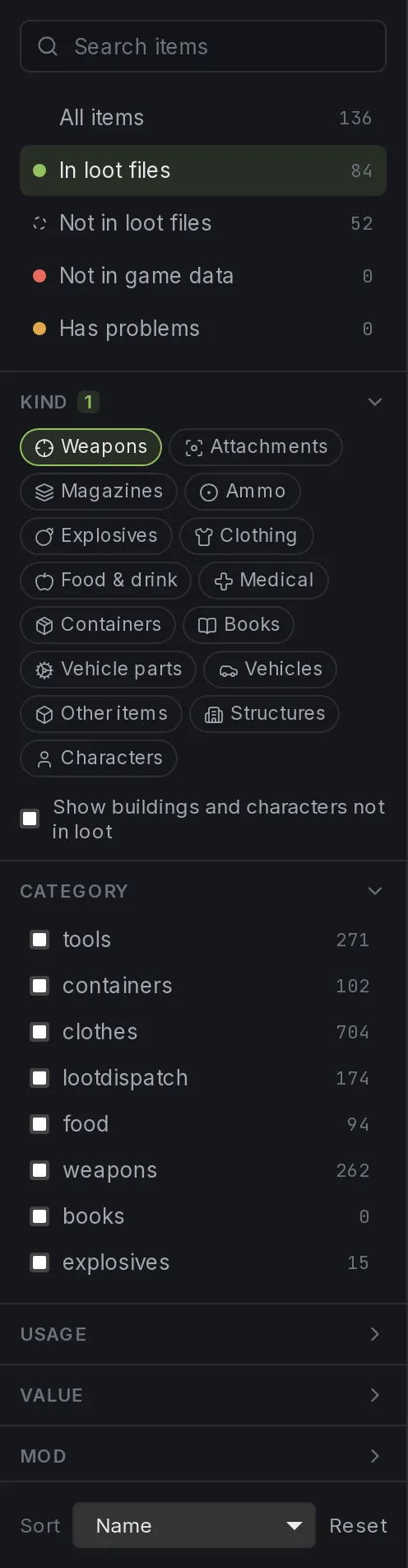 The filter sidebar: a search box, status filters with live counts (all items, in loot files, not in loot files, not in game data, has problems), kind pills such as weapons, clothing and food, and a category checklist.
