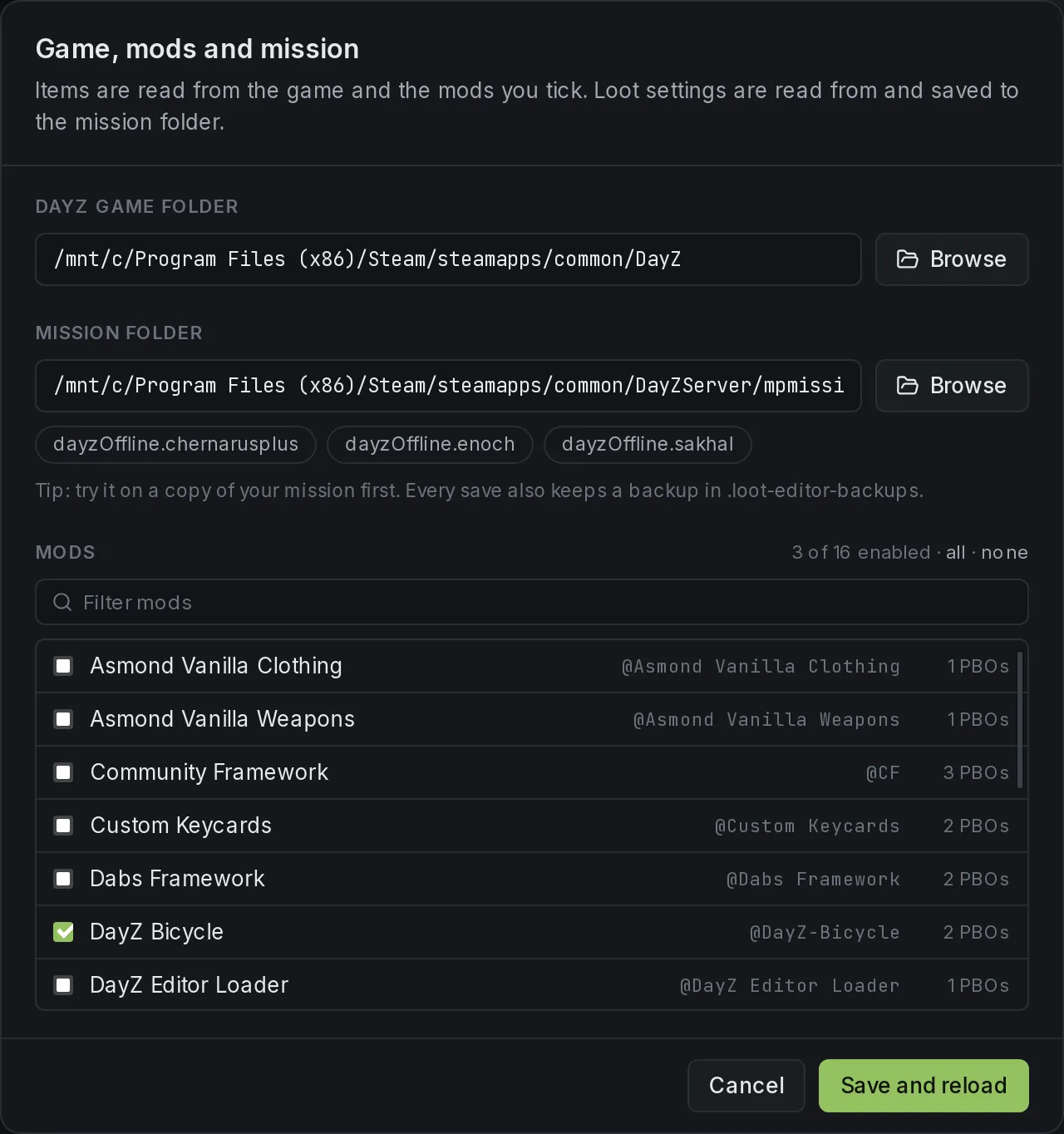 The settings dialog: DayZ game folder and mission folder fields with Browse buttons, and a list of Workshop mods with their names, folders and PBO counts, each with a checkbox to enable it.